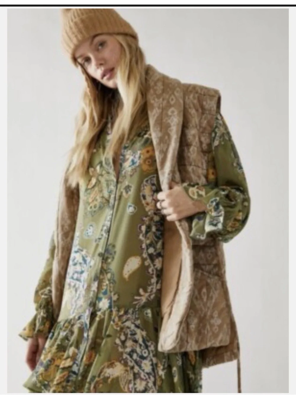 Free People Olive Green Floral Ruffle-Hem Long Sleeve Dress